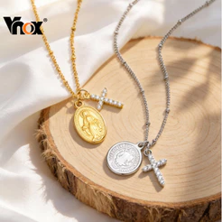Colar De Cruz Vnox Para Mulheres , Corrente Religiosa Delicada Com Pingente De Fé 18K , Nossa Senhora/Saint Benedict , J