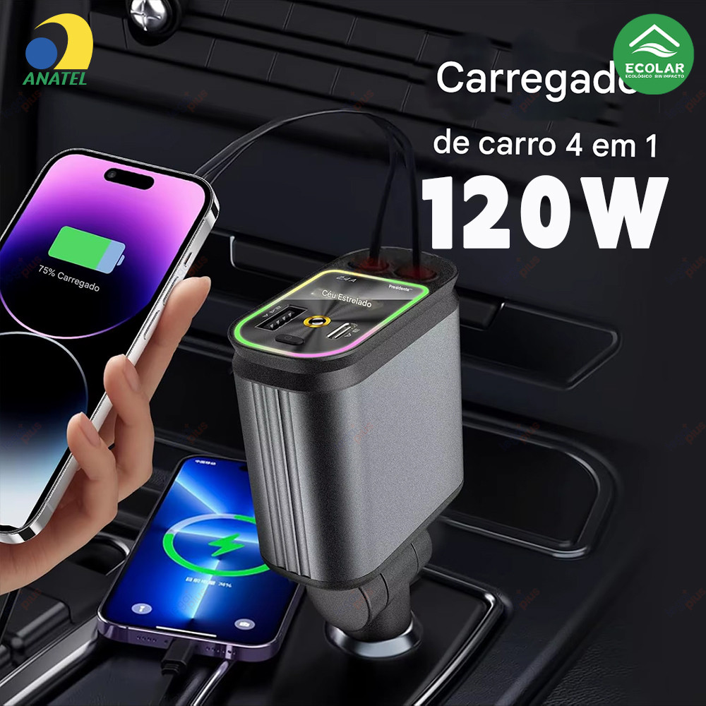 Carregador de Carro Rápido 4 em 1 Retrátil com Ajuste de 180° e Luz LED Compatível iPhone Android