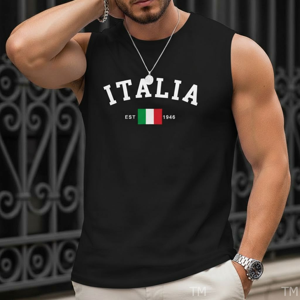 Regata Estilosa Casual Gola Redonda Masculina Estampada Italia Academia Street Algodão Respirável