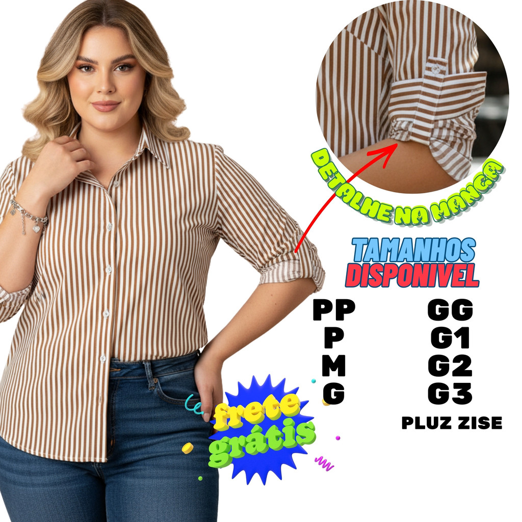 Camisa Social Marrom Caramelo Listrada risca de giz ELEGANTE Manga Longa Do PP ao G3 Plus Size