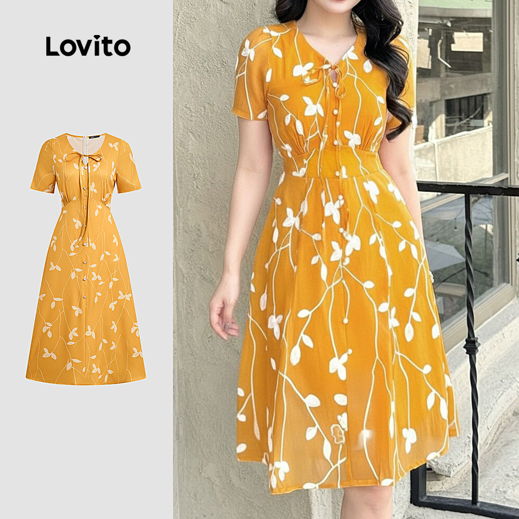 Lovito  Vestido Amarelo Boho com Frente de Botões e Amarração de Renda para Primavera/verão para Mulheres L177ED240 em Oferta na Shopee