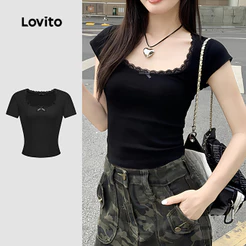 Lovito Casual Camiseta Com Laço De Renda Verão/Primavera Para Mulheres Bordado L123ED773
