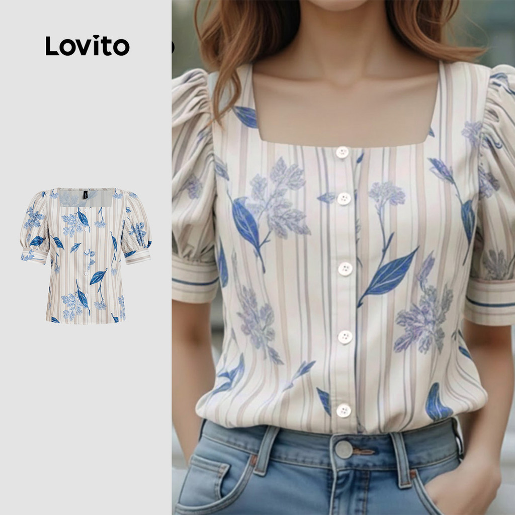 Lovito Blusa Boho Botão Primavera/verão Azul Escuro Blusa para Mulheres LK2ED084 em Oferta na Shopee