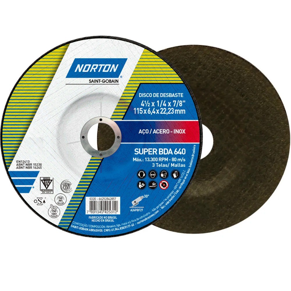 Disco de desbaste para metal 4.1/2 x 1/4 x 7/8 pol - Norton