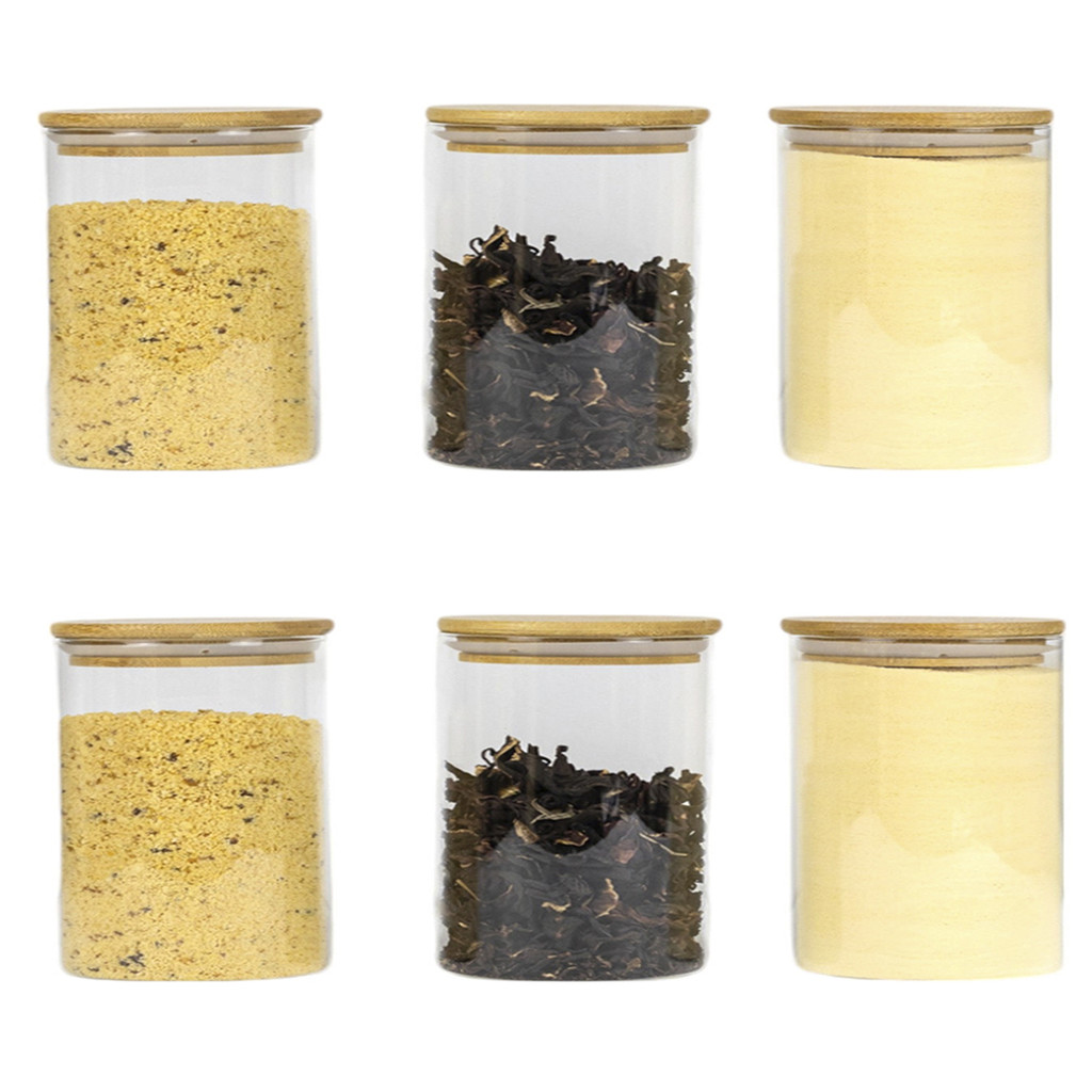 Kit 6 Potes Herméticos de Vidro Organizadores Vidro Com Tampa de Bambu Condimentos Temperos Transparente Empilhavel