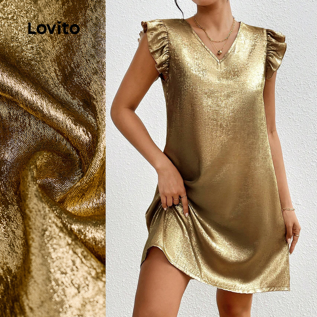 Lovito Vestido Boho estilo Resort com babados primavera/verão vestido dourado para mulheres LBL32297 em Oferta na Shopee
