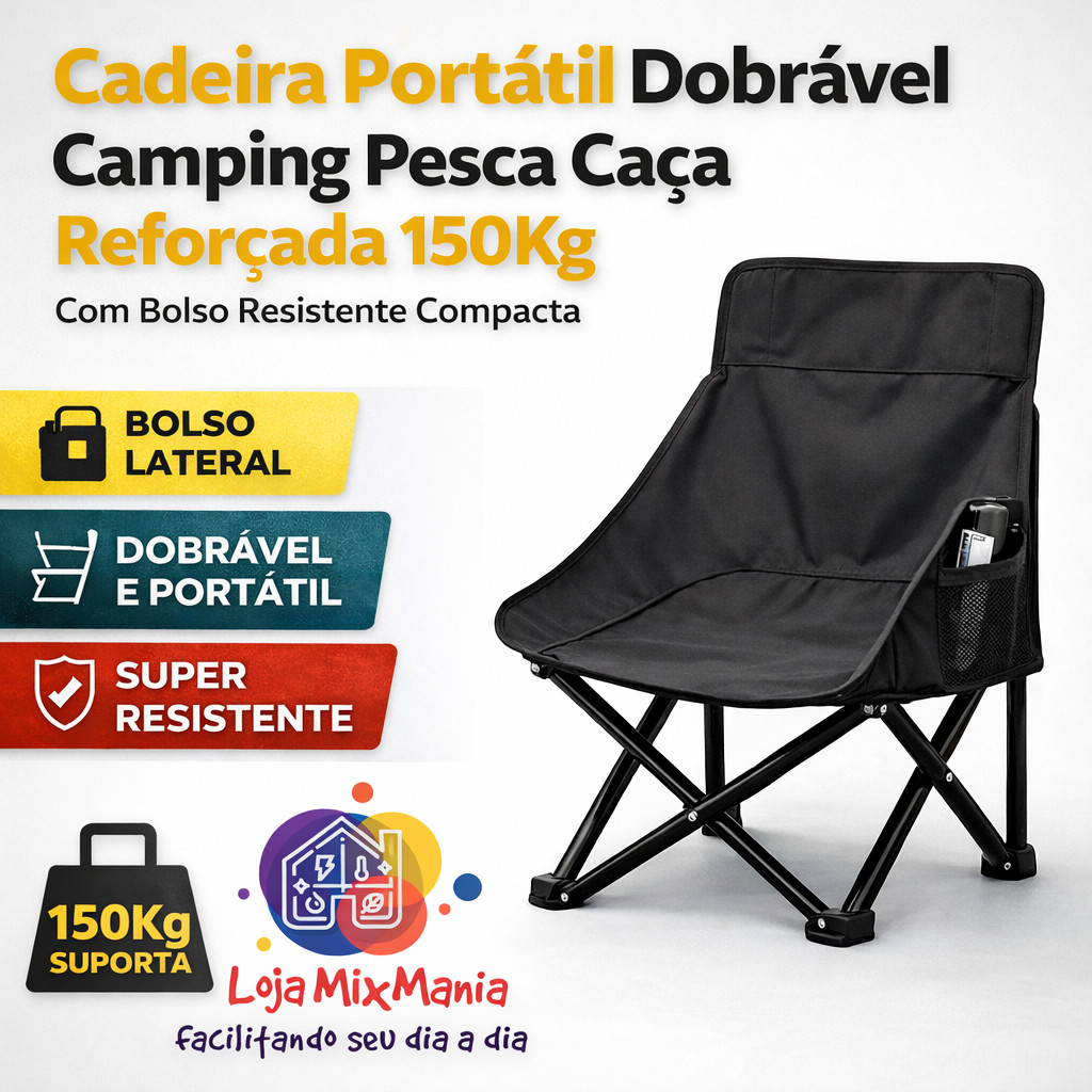 Cadeira Camping Pesca Reforçada Dobrável Portátil Resistente Bolso Compacta Praia Caça Acampamento