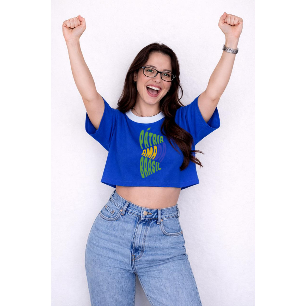 Cropped Feminino Brasil Oversized Copa do Mundo Verde Amarelo Azul Look Torcida Moda
