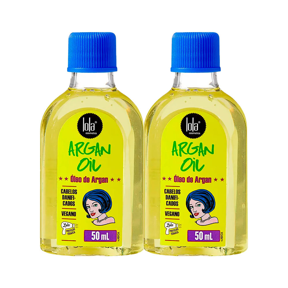 Duas embalagens de 50ml do Óleo Capilar Argan Oil da Lola Cosmetics posicionadas lado a lado em fundo branco