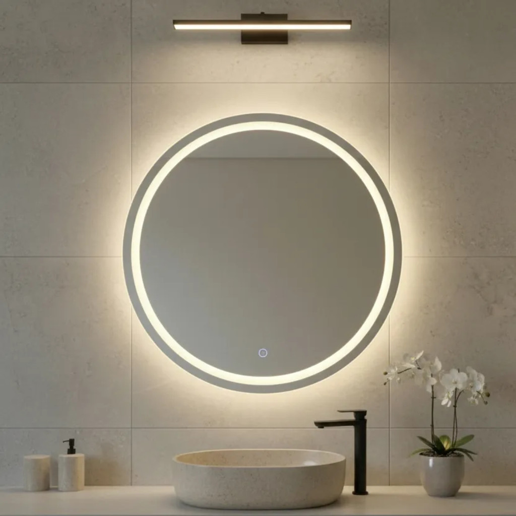 Espelho Decorativo Redondo 40cm Jateado com LED 3 Cores Touch Banheiro