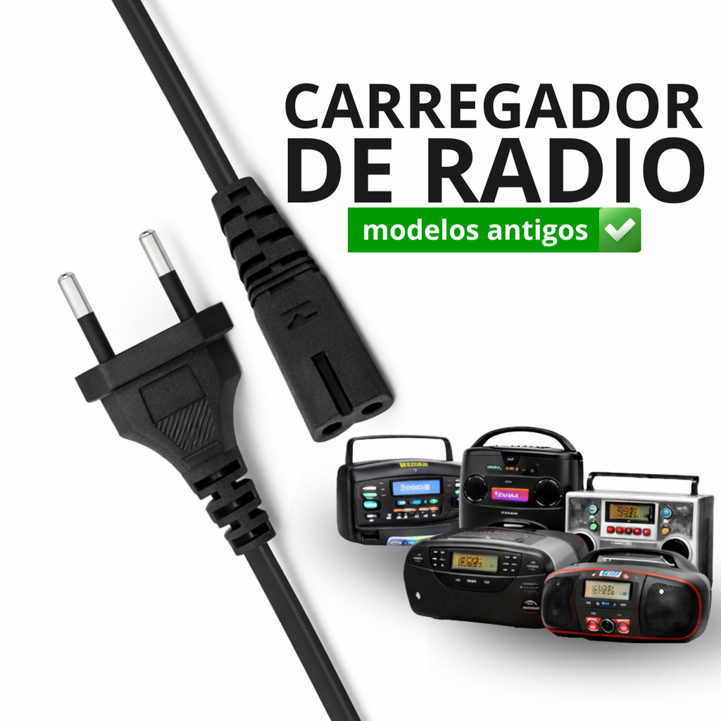 Carregador Radio Cabo Energia Bipolar para Radios Portateis -Entrada 8 Compativel Varias Marcas 1,5m