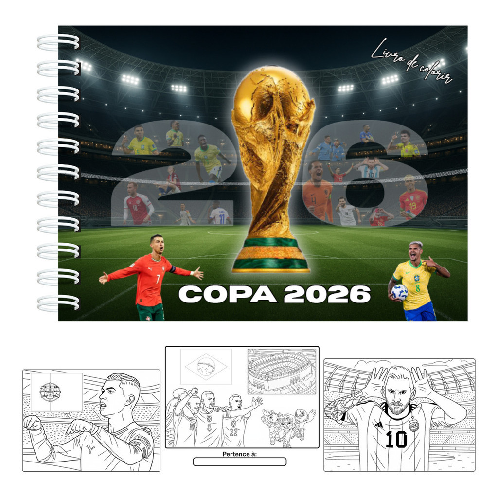 Livro De Colorir Copa Do Mundo 2026 Futebol Capa Dura 60 Páginas 180g A5 Laminação Brilhosa Ou Fosca Com Acetato