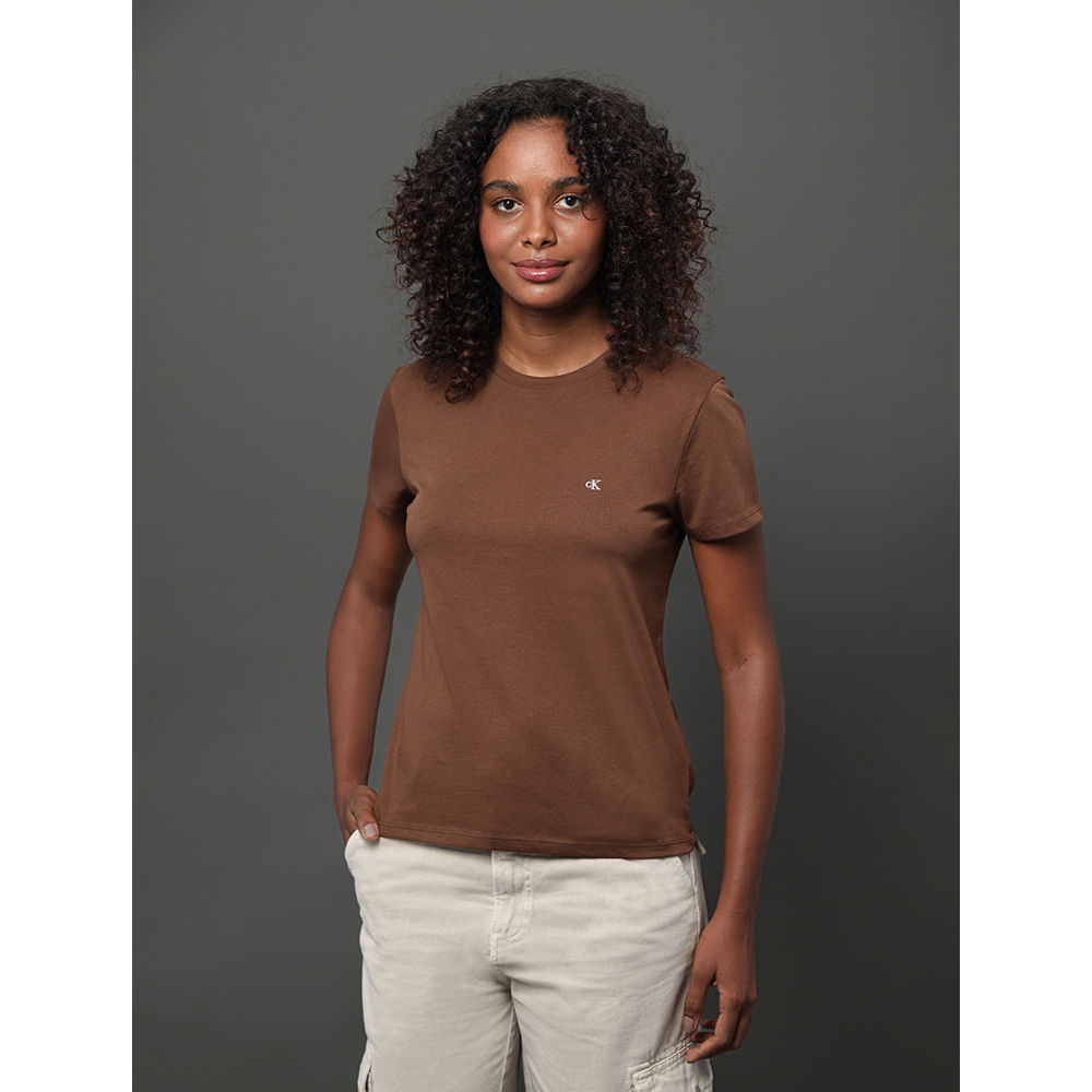 Camiseta Feminina Logo Bordado Calvin Klein Jeans - Marrom
