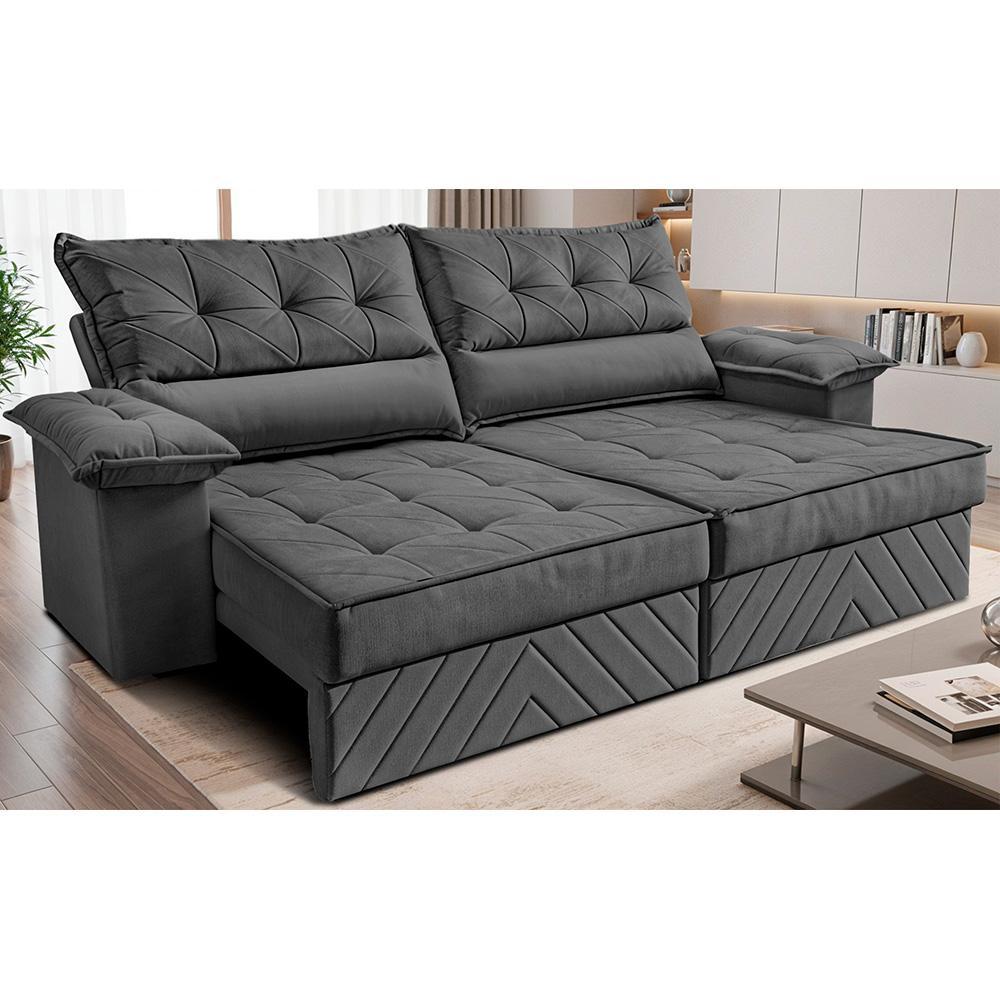 Sofá Retrátil e Reclinável 3,00m com Molas e Espuma D33 Thunder Velusoft Cinza Cama inBox