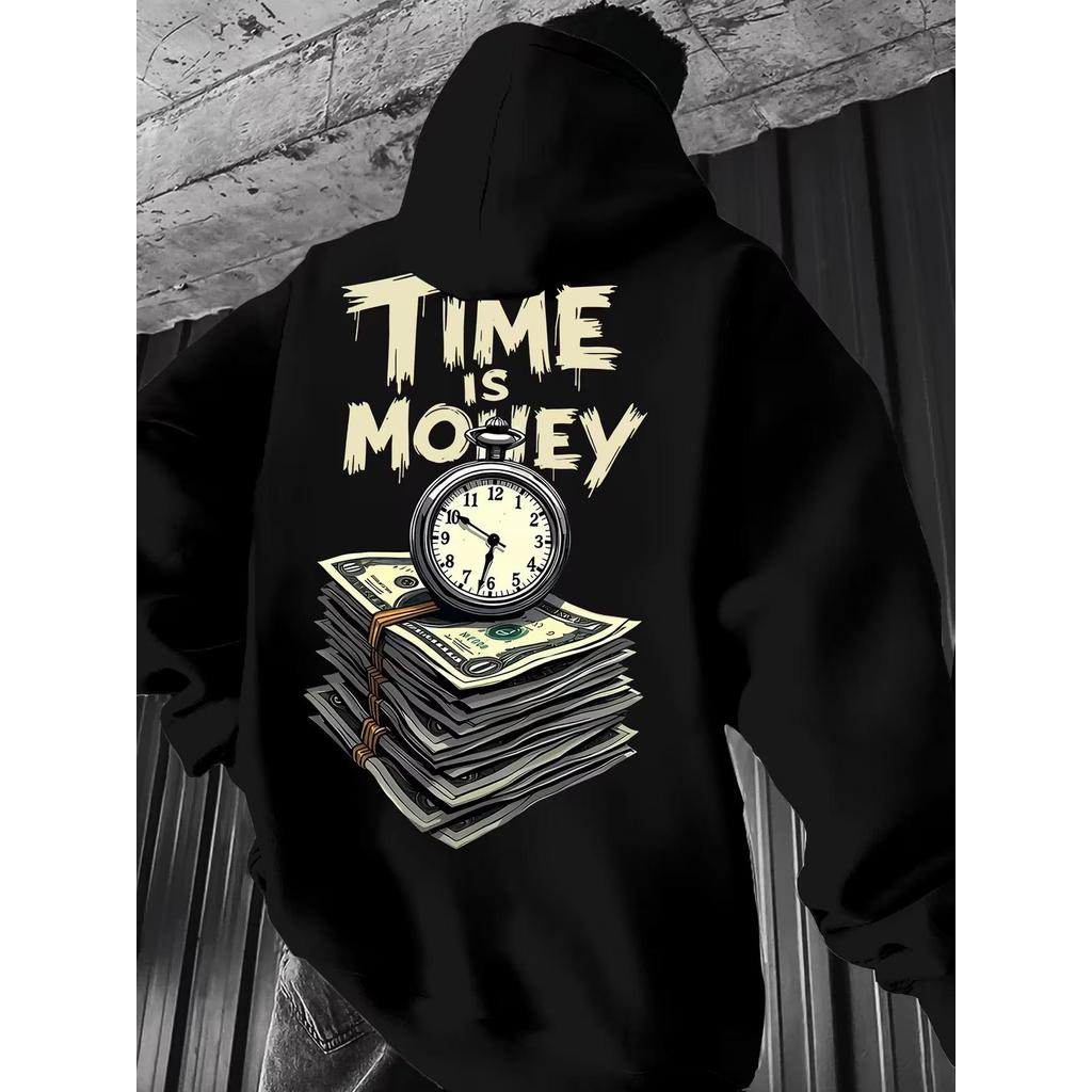 Blusa Casaco Moletom Frio Canguru Bolso Capuz Streetwear Casual Masculino Unissex Estampa Time Is Money Dinheiro Relogio