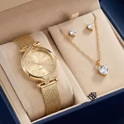 Presente Perfeito Para o Dia Das Mães: Kit Relógio Premium Ouro Rosé 18K Banhado + Corrente + Brinco