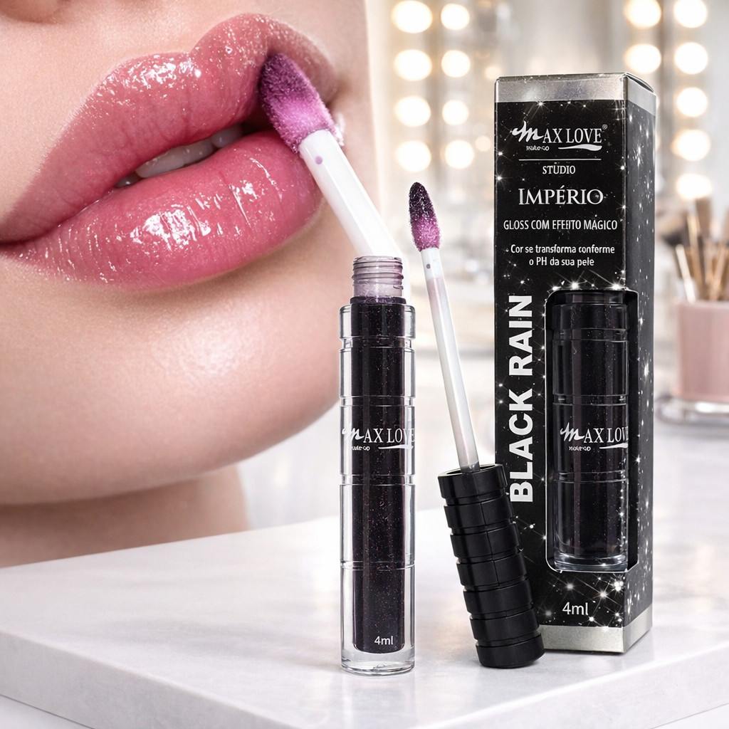 Gloss Mágico Black Rain Max Love – Preto que Muda de Cor, Hidrata e Realça os Lábios