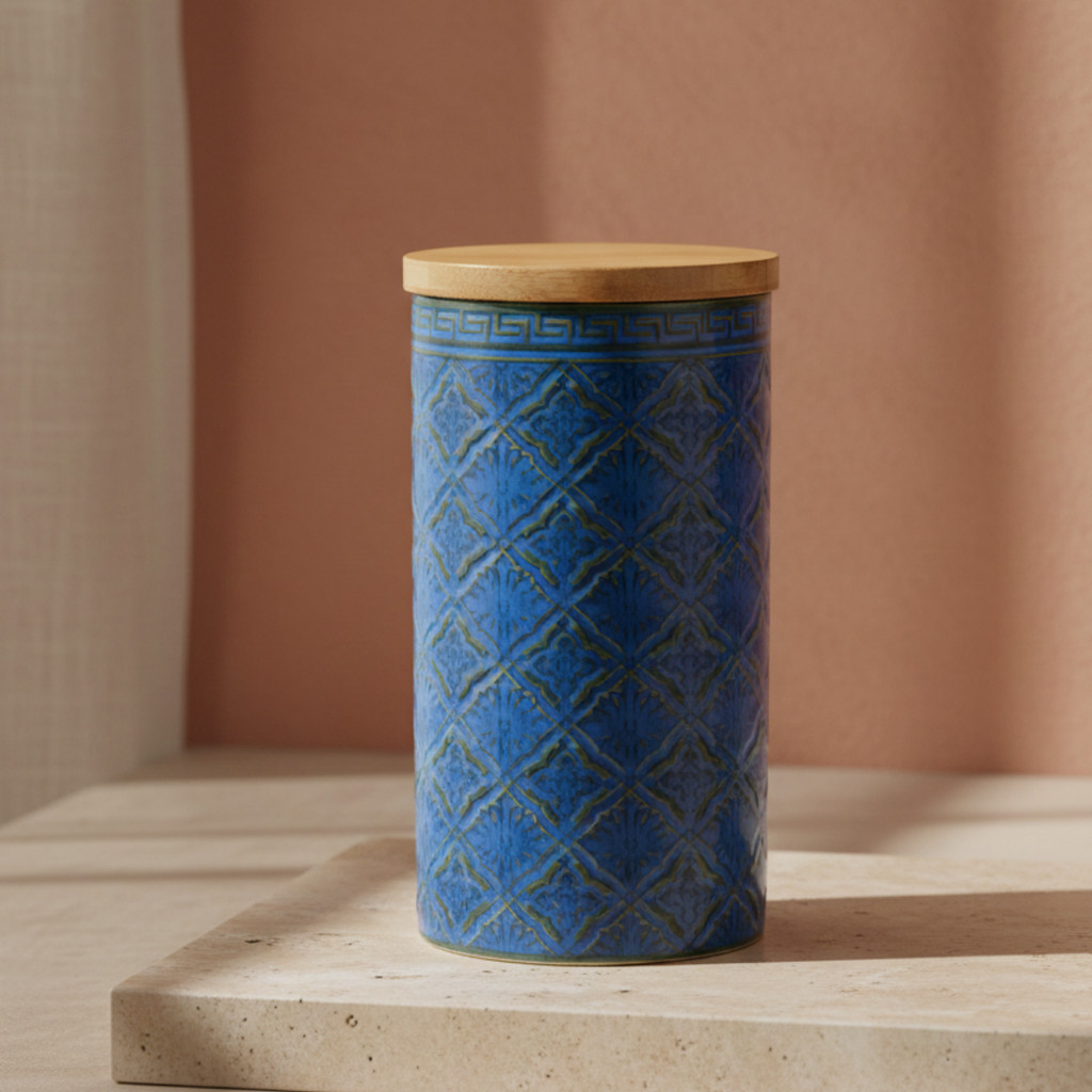 Pote de Cerâmica Azul com Tampa Hermética de Madeira 21x11cm Organizador Banheiro Cozinha