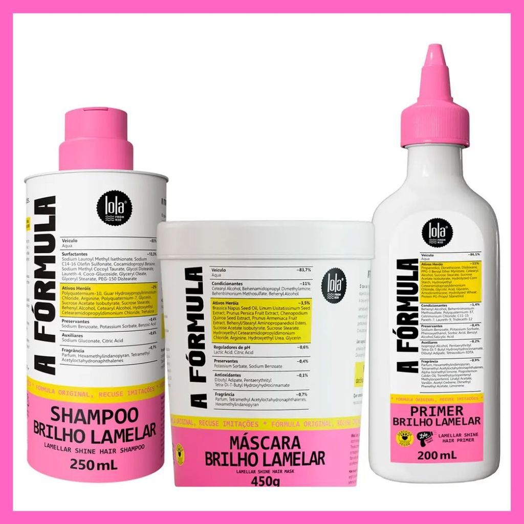 Kit A Fórmula Lamelar - Shampoo 250ml + Primer 200ml + Mascara 450g ou Mascara 100g - Lola Cosmetics