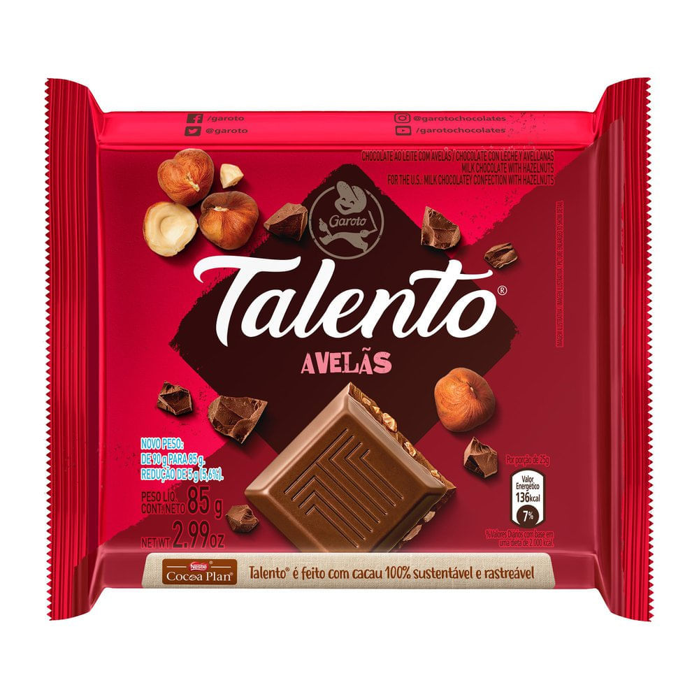 Chocolate Garoto Talento ao Leite com Avelãs 85g em Oferta na Shopee