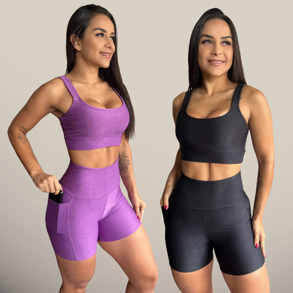 Kit 2 Conjuntos Canelados Top de Academia e Short com Bolso Corrida Topper Feminino Roupa Fitness Feminina Legging Alta — imagem 1