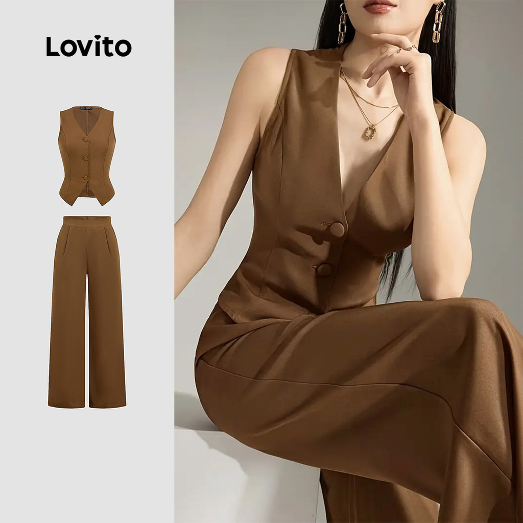 Lovito Tops ou Bottoms Elegantes com Textura para Mulheres Terno Marrom primavera/verão L166AD051 em Oferta na Shopee