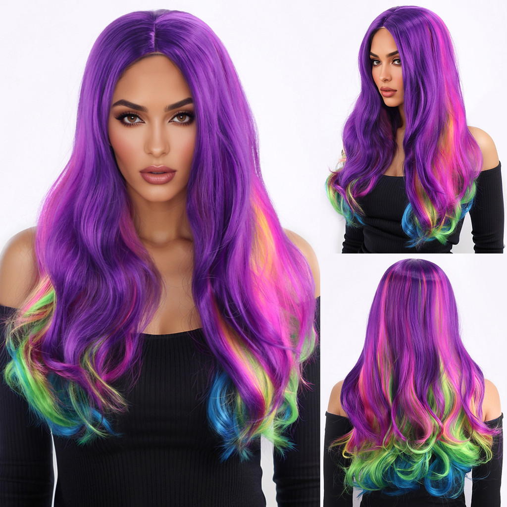 Anime peruca colorida gradiente Harajuku multicolorido COS rolo de ar divisão média peruca penteado europeu americano mo