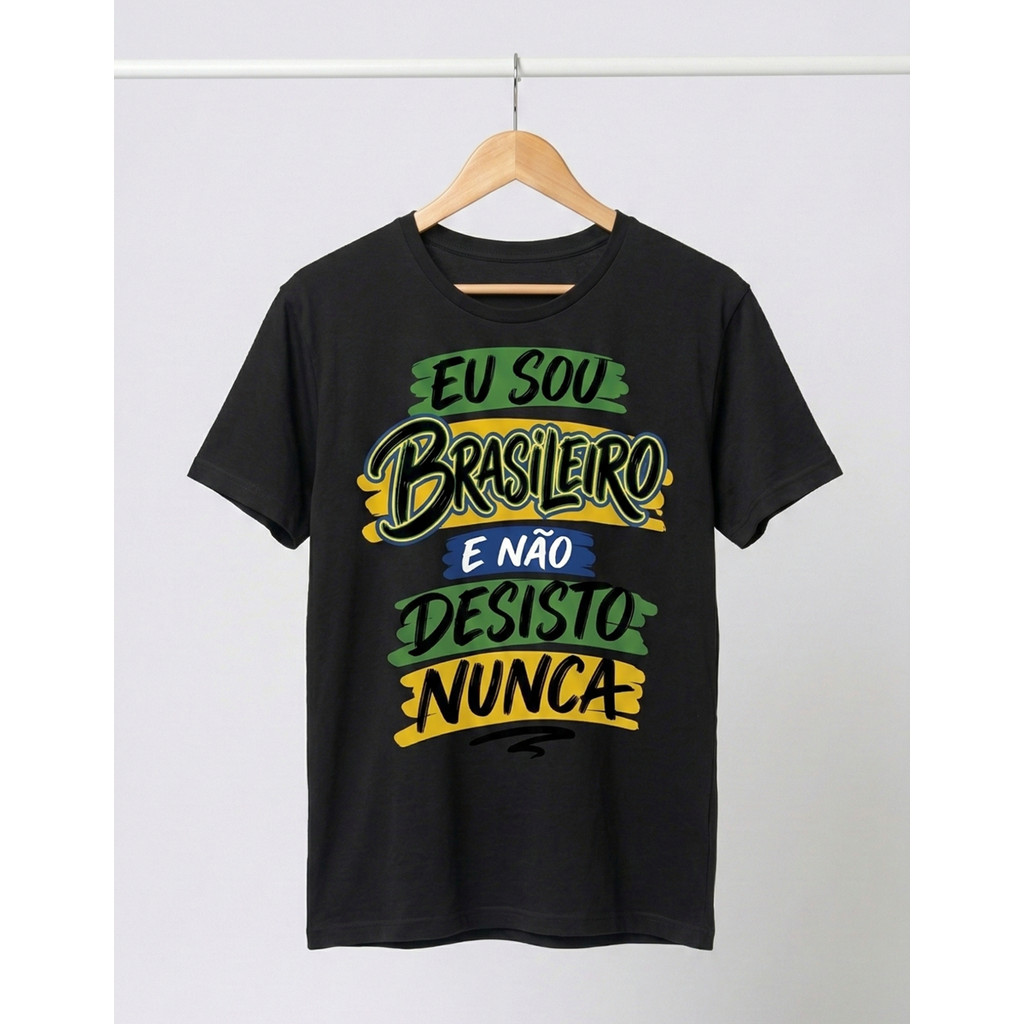 Camiseta Masculina Preta Basica Camisa Estampa Frase Copa Brasil Confortável Casual