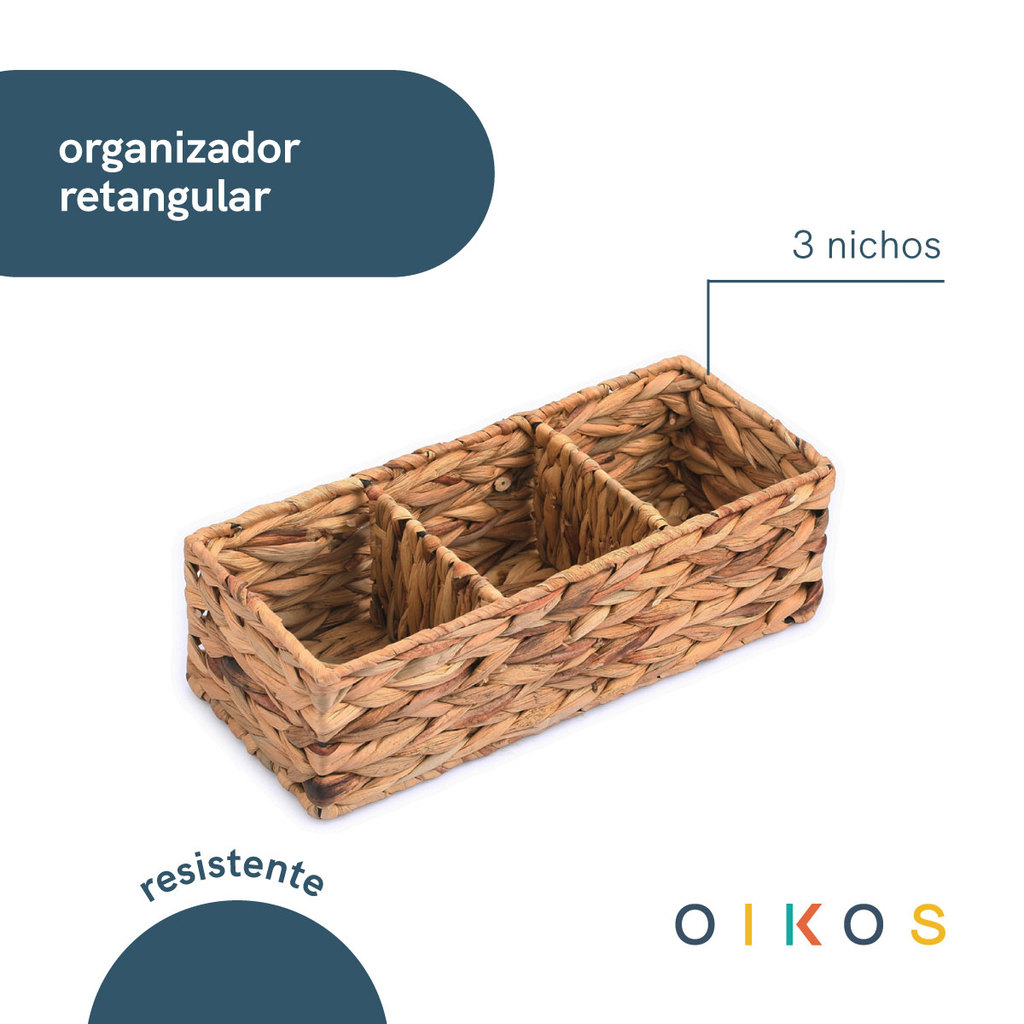organizador retangular 36cm 3 nichos de palha fibra natural - Oikos — imagem 2 de 2