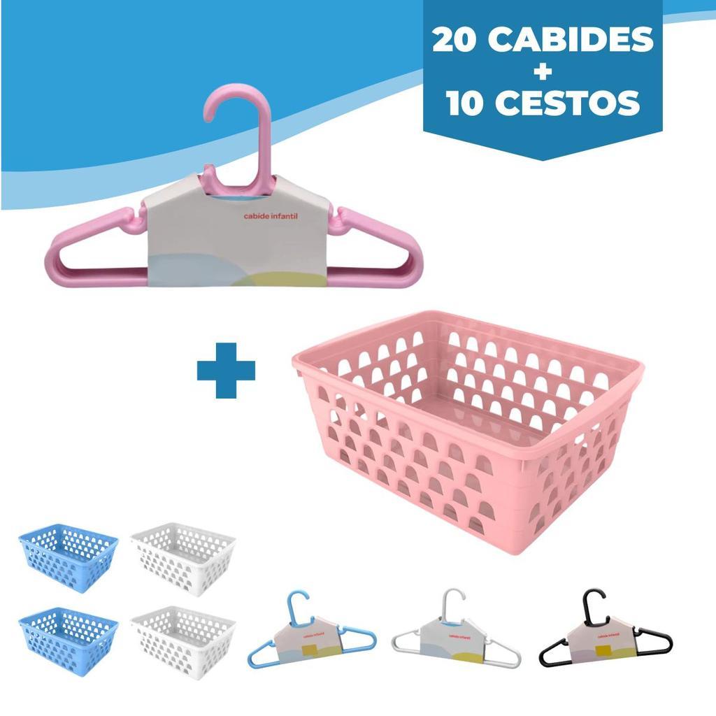 Kit 20 Cabides Infantil Rosa + 10 Cestos Infantil Plástico Reforçado Criança Bebê Organizador Completo