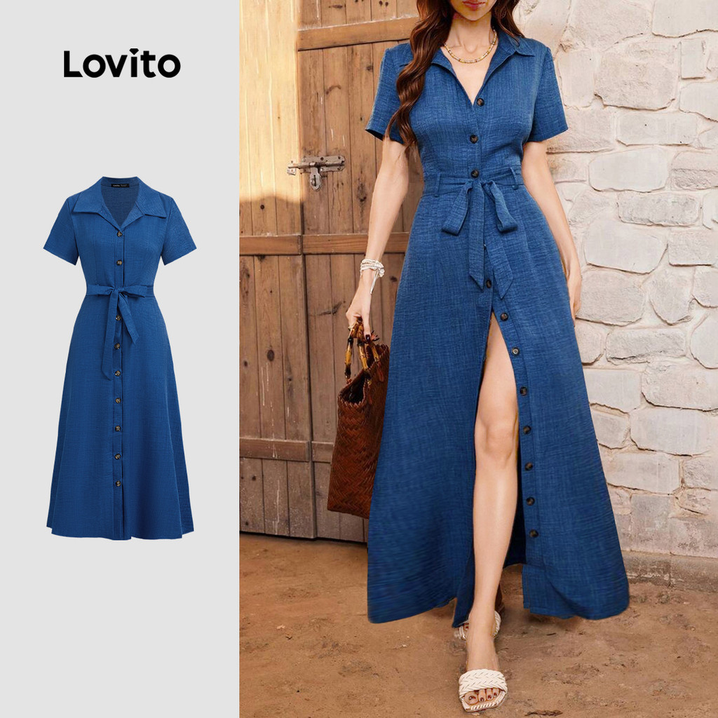 Lovito Vestido Casual Botão Primavera/verão Azul Vestido para Mulheres L170LD022 em Oferta na Shopee