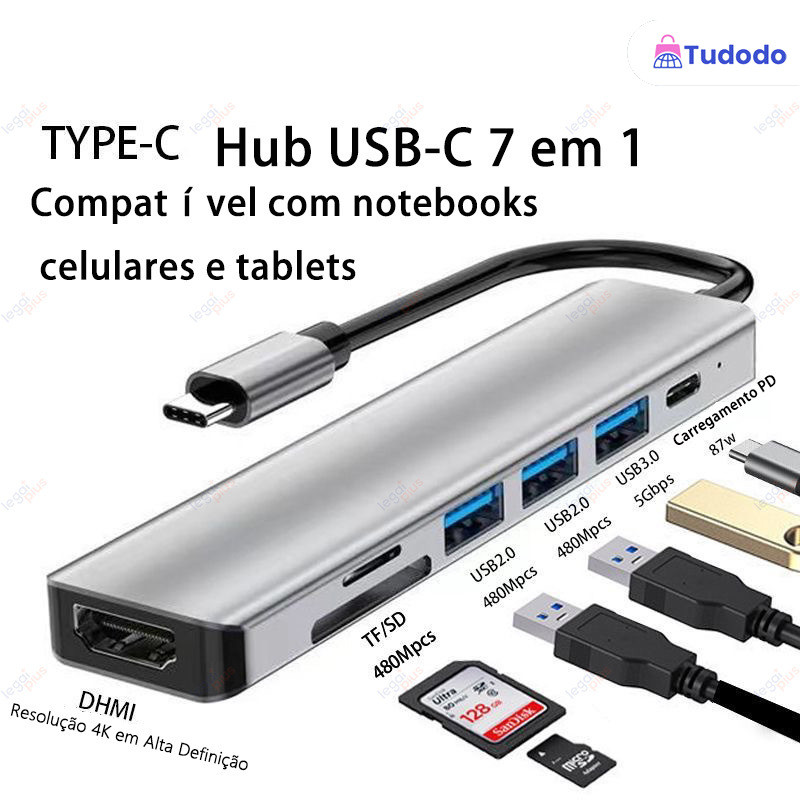 Dock USB-C 7 em 1: Transmissão 4K@30Hz, Entradas USB 3.0+2.0 e Slot para Cartão SD/TF