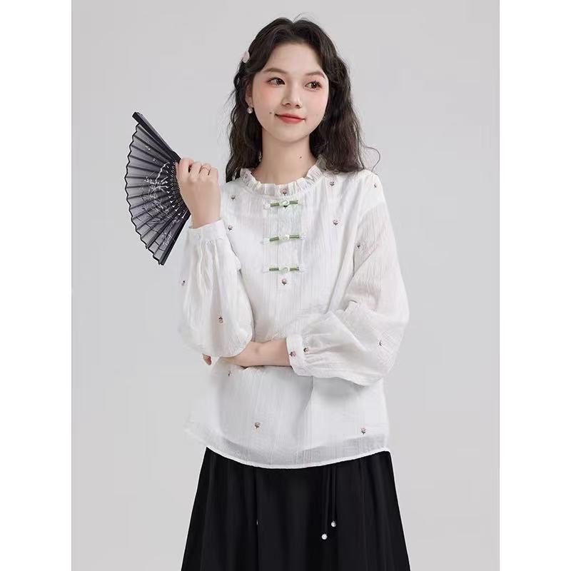 Camisa feminina novo estilo elegante All-Match de manga comprida estilo chinês
