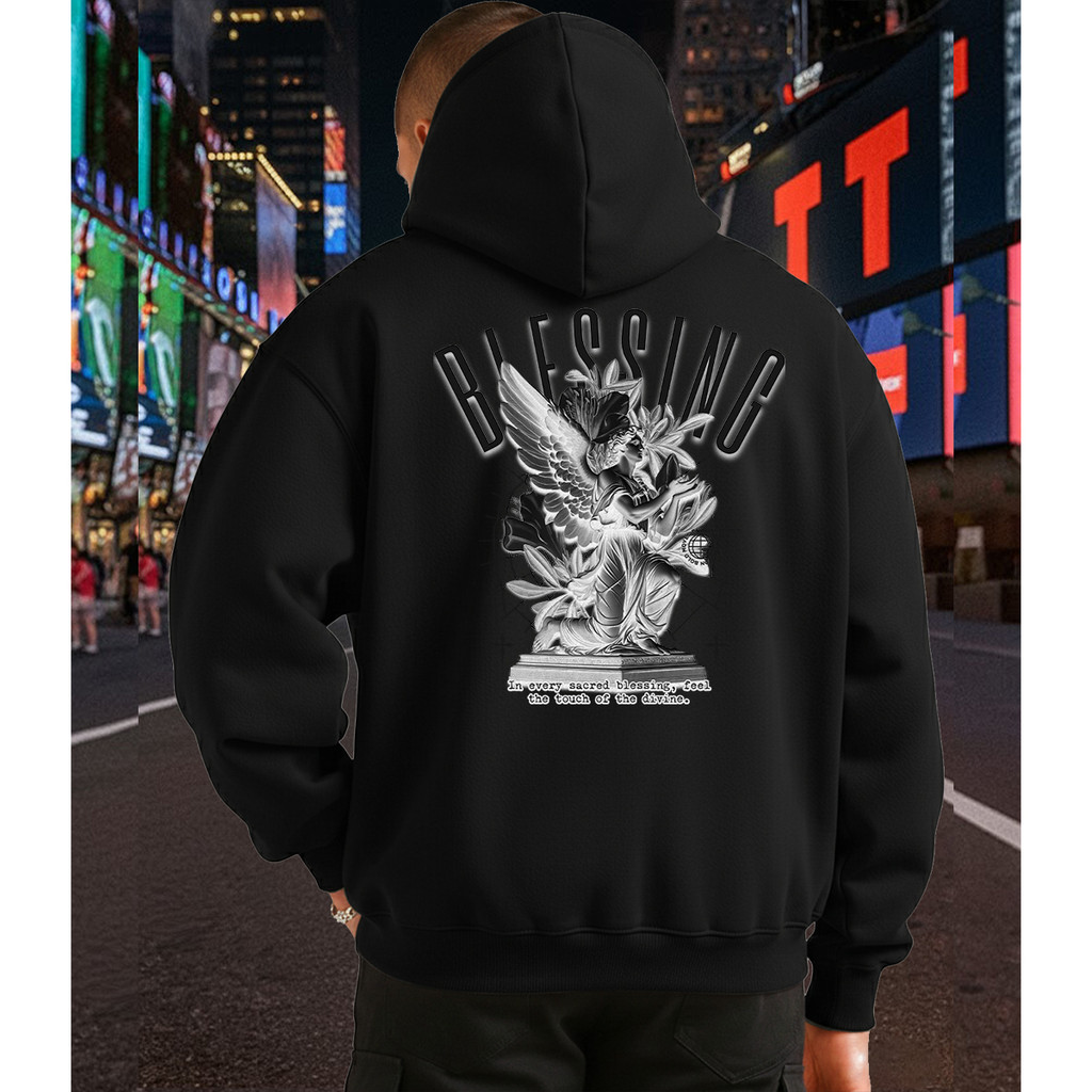 Blusa De Moletom Streetwear Blessing Angel Estampado Canguru Bolso Capuz Unissex Flanelado Premium
