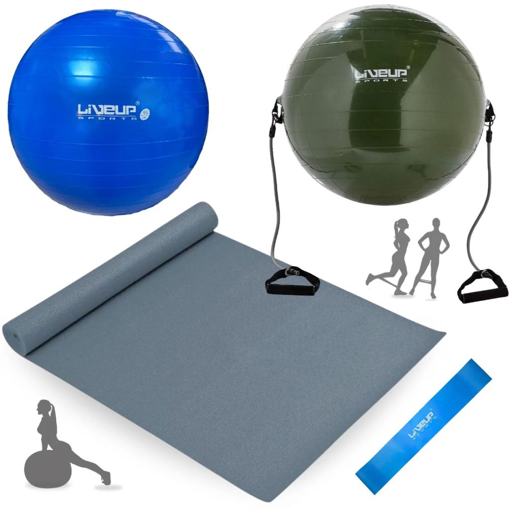 Kit Bola Suíça Azul 65cm+ Tapete 1,73m+ Mini Band Forte+ Bomba Inflar+ Bola Extensor Elástico 65 Cm