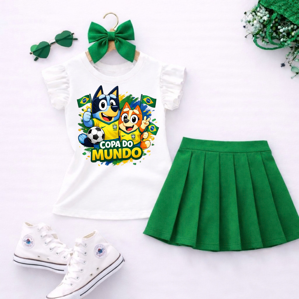 Conjunto Infantil Menina Blueey Copa do Mundo Brasil – Camiseta + Saia - com Estampa Blueey Futebol