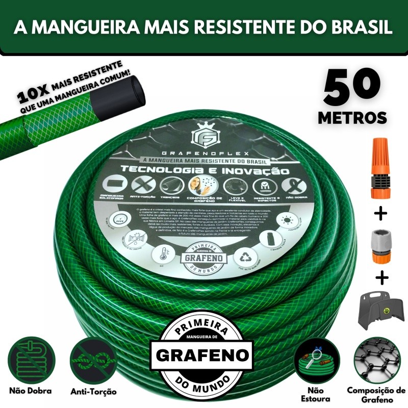 Mangueira de Jardim Verde Super Flexível 50Mts + Suporte - GrafenoFlex Profissional