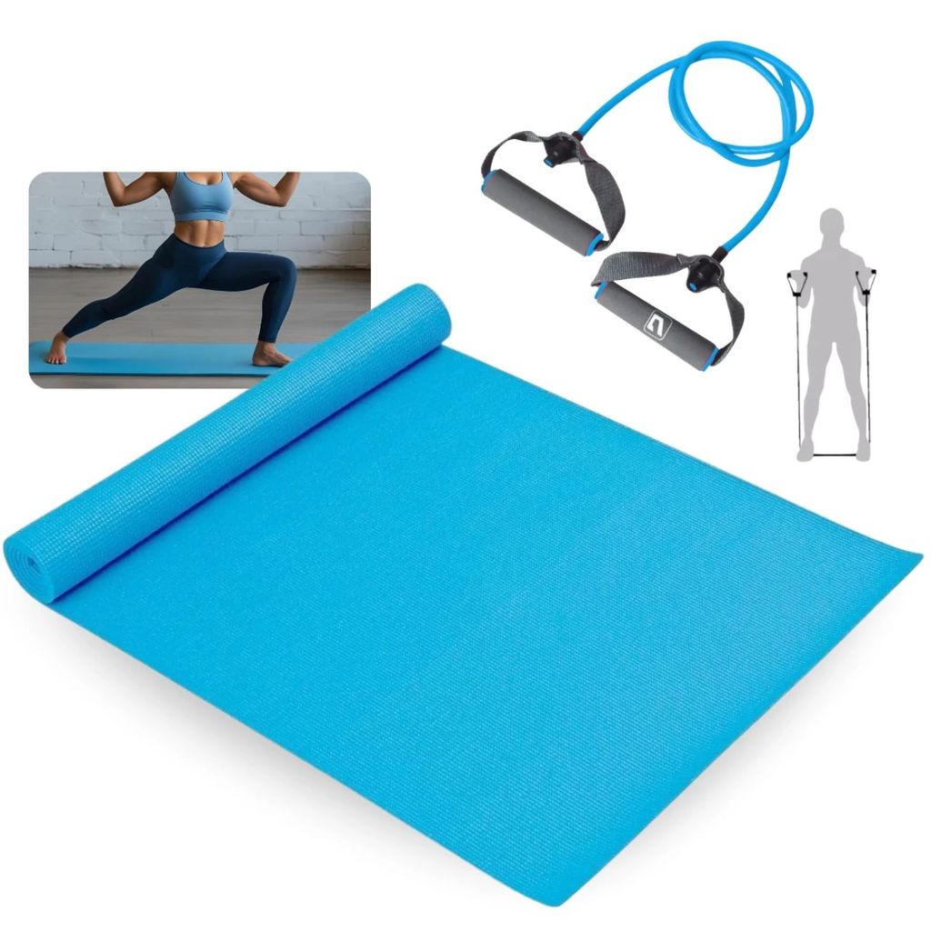 Kit Pilates Azul Extensor Elástico Tensão Forte + Colchonete Yoga 1,73 Metros Eva Treino Funcional