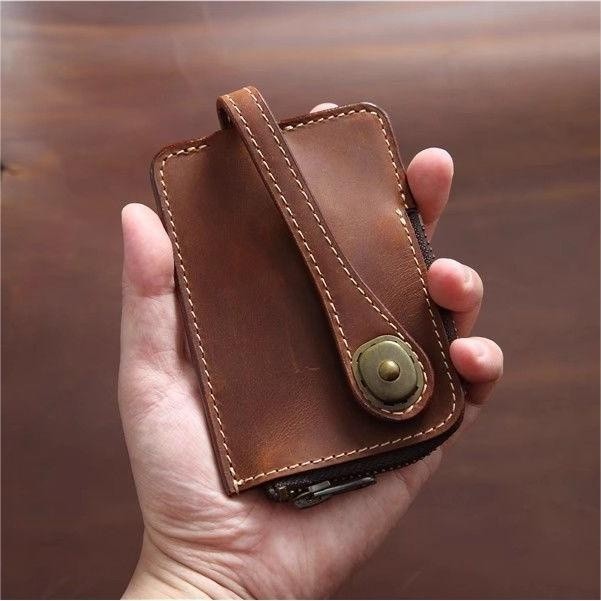 Capa para chave de carro Bolsa de couro artesanal de couro genuíno Mini versão curta Bolsa de moedas Carteira pequena co