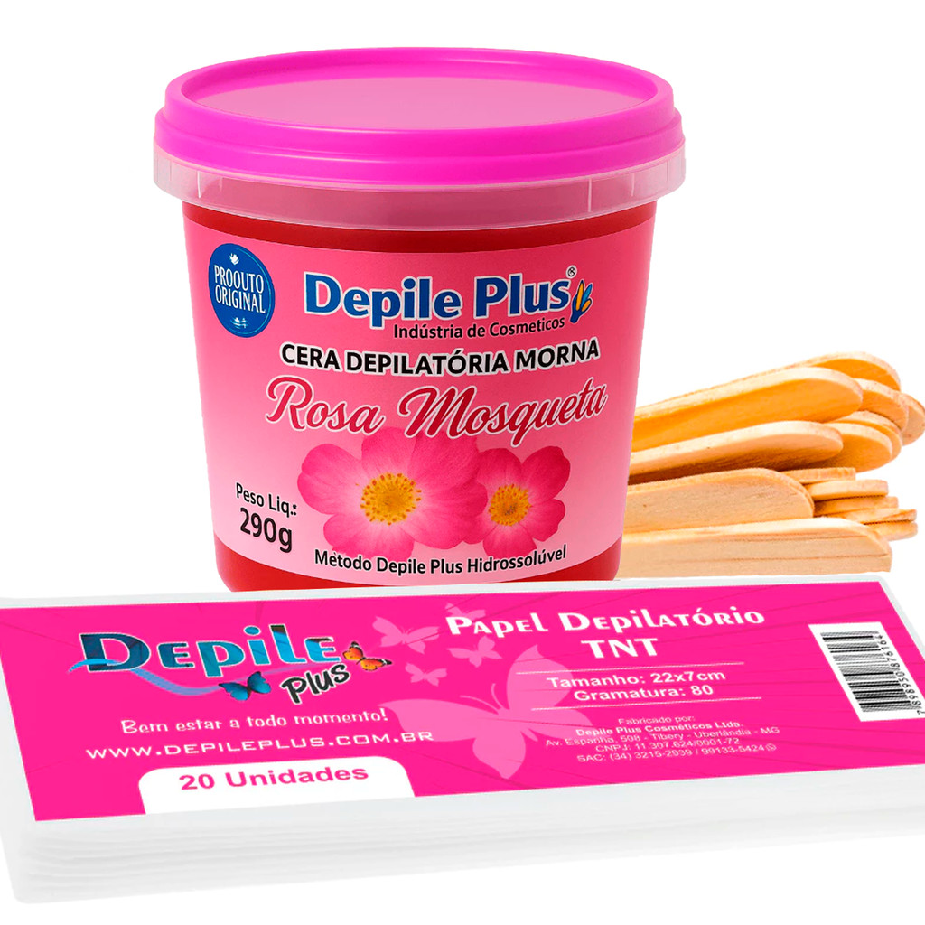 Kit Cera Rosa Hidrossolúvel 290g + Espátula 15 un + TNT 20un