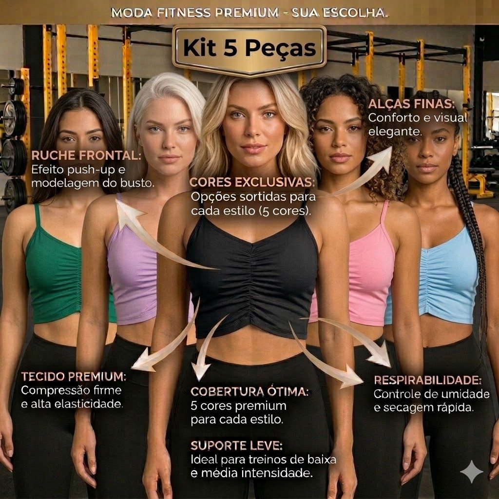 Kit 5 Cropped Feminino Confortável Ribana Leve Franzido para Academia Passeios Casuais Oferta Promoção