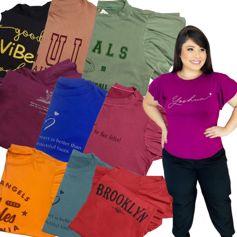 Kit 5 Blusa Feminina Plus Size Malha Suede Manga Godê T-Shirt Feminina Evangélica Estampada Confortável