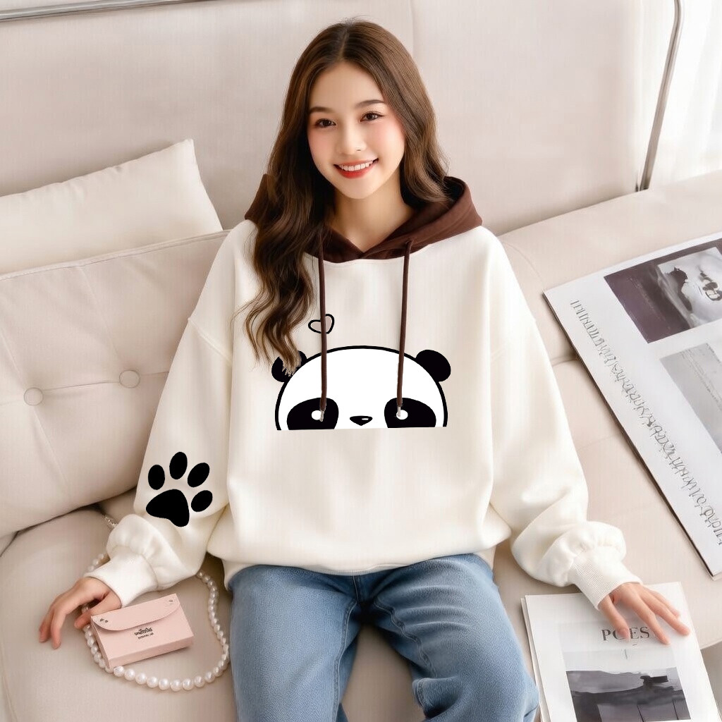 Blusa Moletom Oversized Off White Com Capuz Bicolor Café Estampa Panda Fofo Coração E Patinha