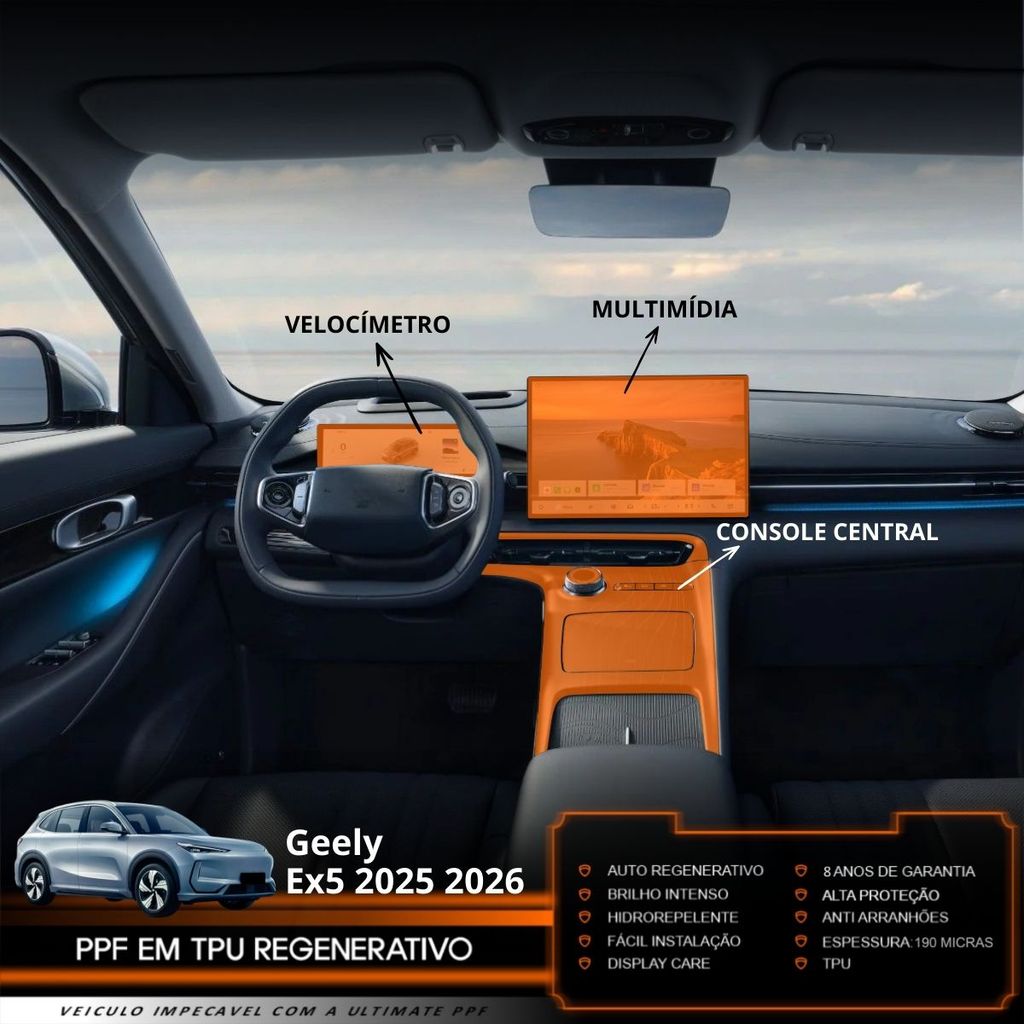 Película PPF Proteção Kit Console Velocímetro Multimídia Geely Ex5 2025 2026 Transparente TPU Anti Risco