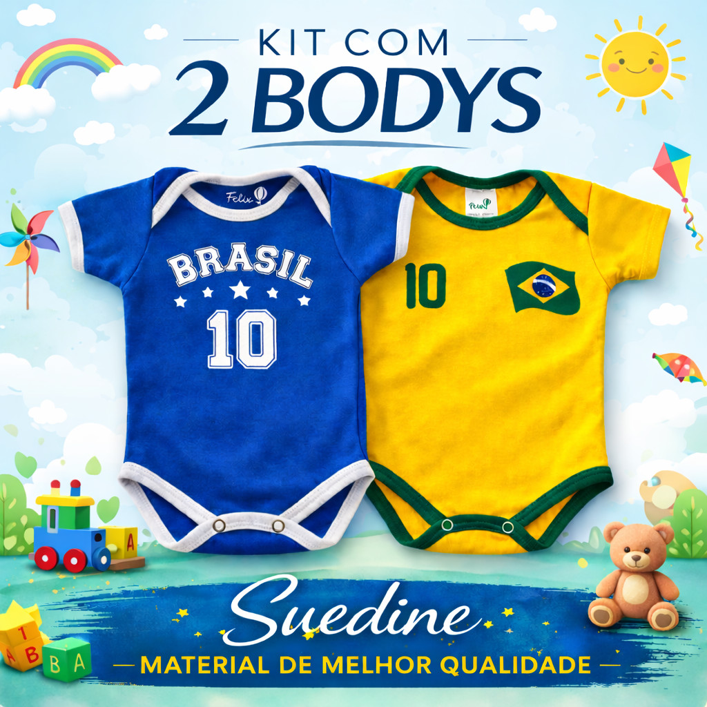 BODY BRASIL MEIA MANGA INFANTIL - COPA DO MUNDO 2026 - 100% ALGODÃO - SUEDINE - TIME BRASIL - SELEÇÃO - AMARELO E AZUL
