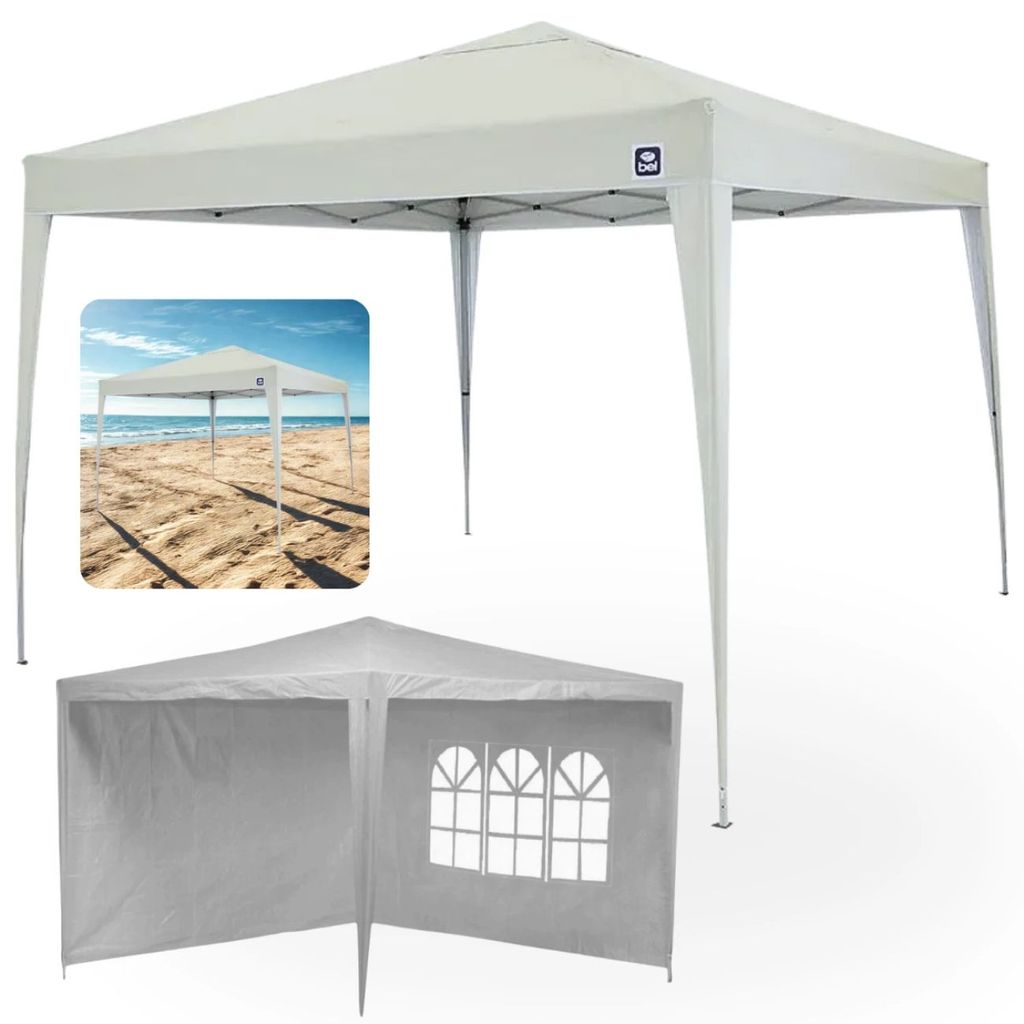 Kit Tenda Dobrável 3x3 Metros Articulada Bege com 2 Paredes Laterais Barraca de Praia
