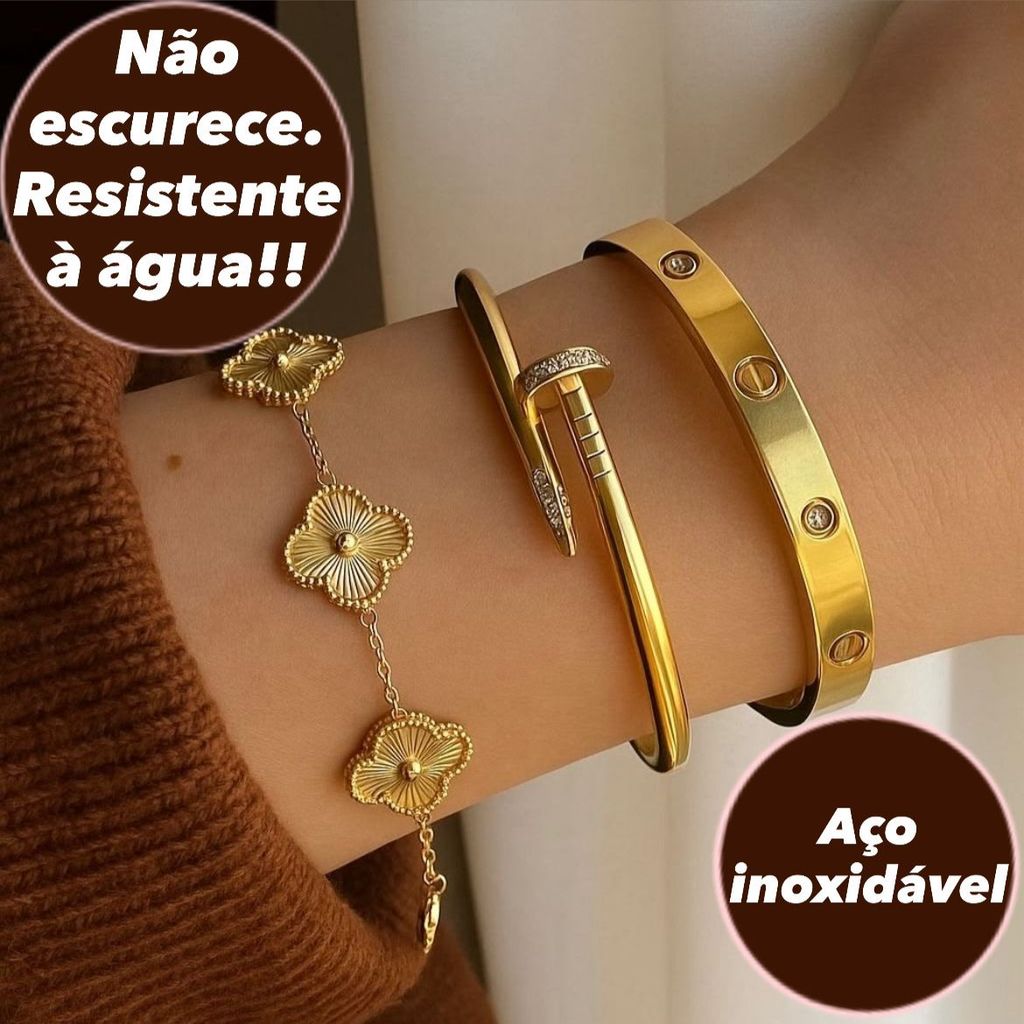Conjunto 3 Braceletes Aço inoxidável Dourado Acessórios Femininos Virginia Moda KIT Pulseira