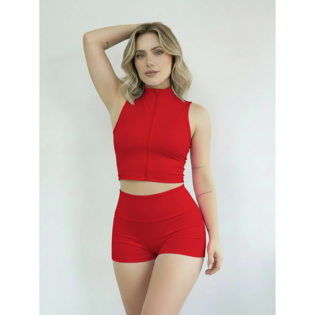 Kit Conjunto Cropped Regata De Ziper + Short Feminino Suplex Basico Academia Praia Esportes Vermelho — imagem 1