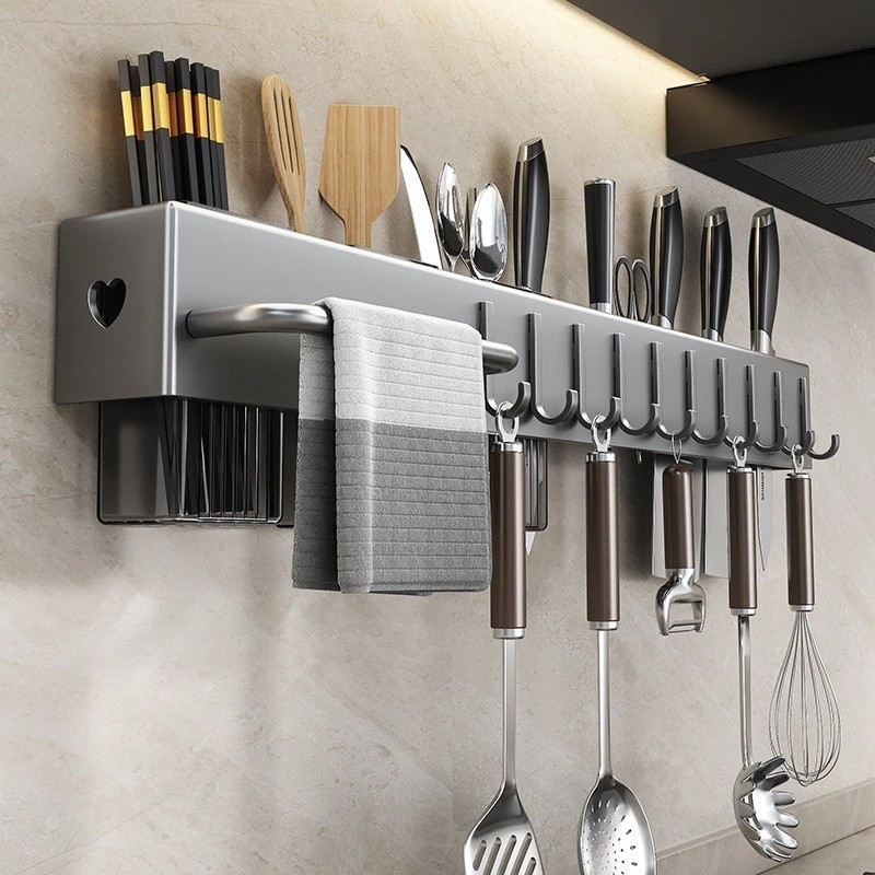 Suporte de Utensílios de Cozinha em Aço Inox Organizador de Parede com Ganchos Porta Colheres achadinhos