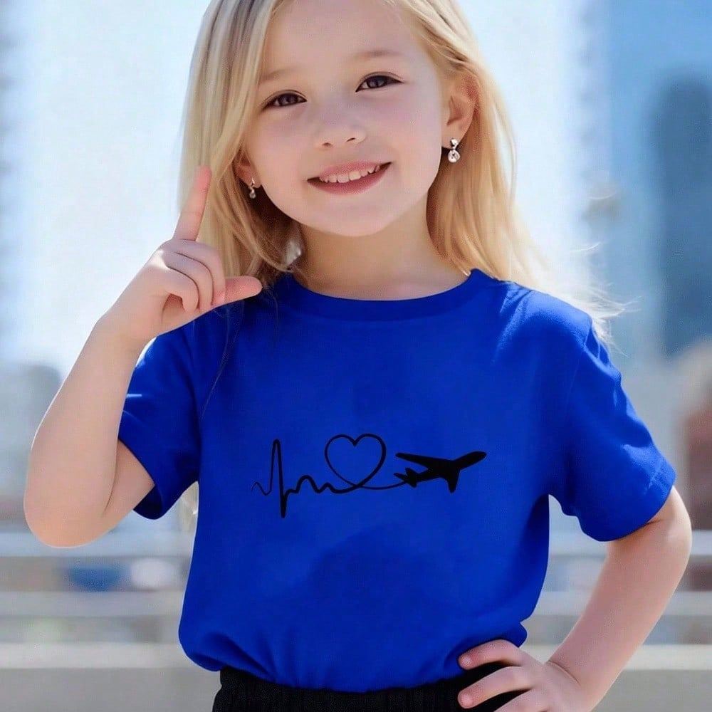 Camiseta Infantil para Meninas com Estampa de Coração Avião e Batimento Cardíaco Blusinha Infanitl 100 % Algodão Premium